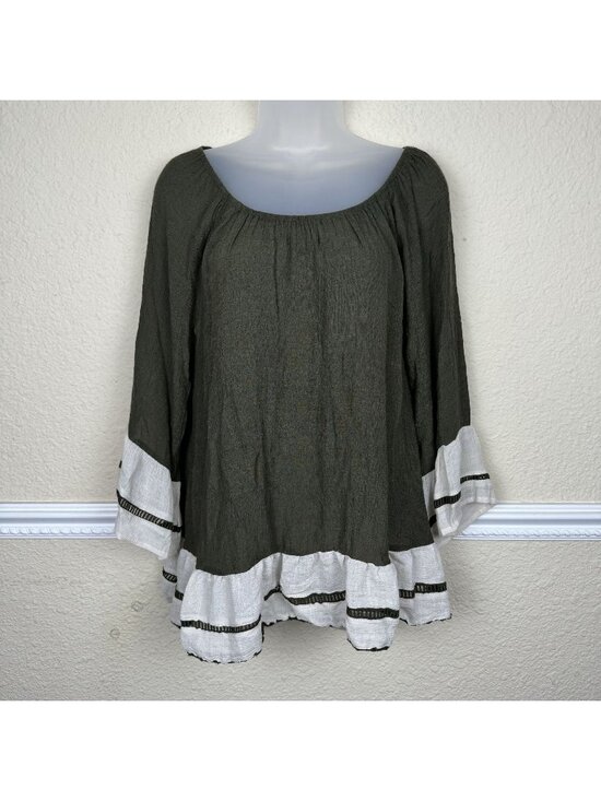 entro Tops - Entro Women Large Olive Green Peasant top Flowy Bell Sleeve Boho Chic